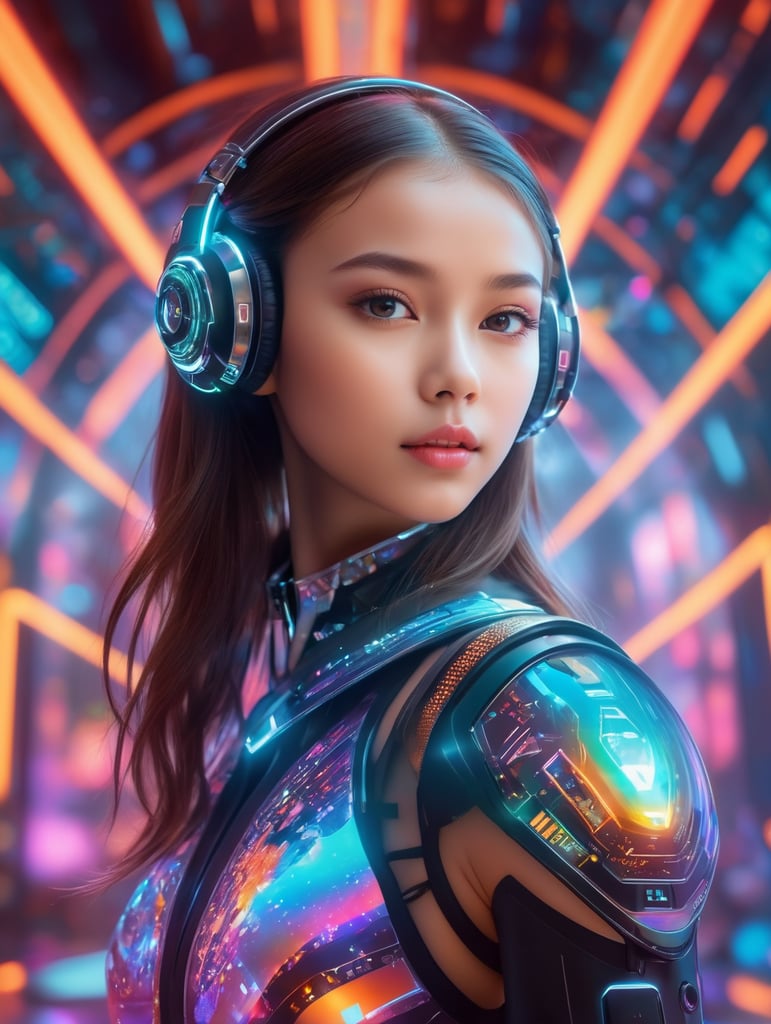 young 1girl, bestowed upon her by a futuristic computer, situated in a vibrant and kaleidoscopic environment, dof, sharpness outstanding color fidelity, vivid hues, girl in the center of the frame, surrounded by dynamic elements, floating holographic interfaces, neon light beams