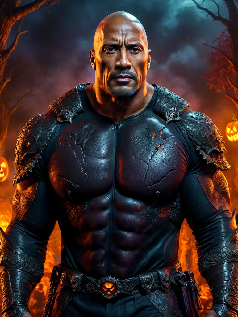 Dwayne Johnson wearing spooky Halloween costume,Sinister, Vivid saturated colors, Contrast color