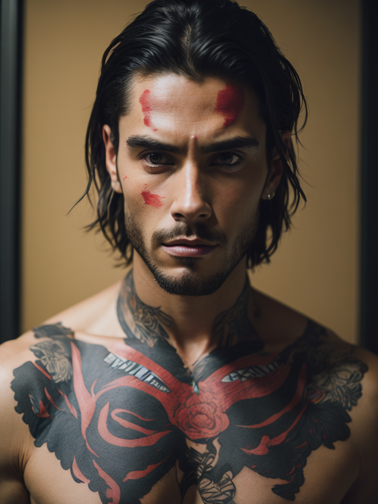 Portrait of a handsome indigenous male gang member, tattoo of a red bear on his chest, bright and saturated colors, elegant, highly detailed, vogue, fashion magazine, sharp focus, bright expressive makeup, dramatic lighting, depth of field, incredibly high detailed, blurred background'