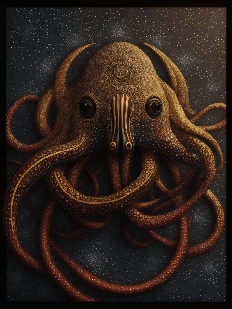 Vibrant Fine Art Pointillism Engraved into Black Metal, Surreal portrait, Octopus with long flowing colorful tentacles, Hundertwasser and Soulages, hyperrealism, textured depth, tarot, vivid interplay of light and shadow