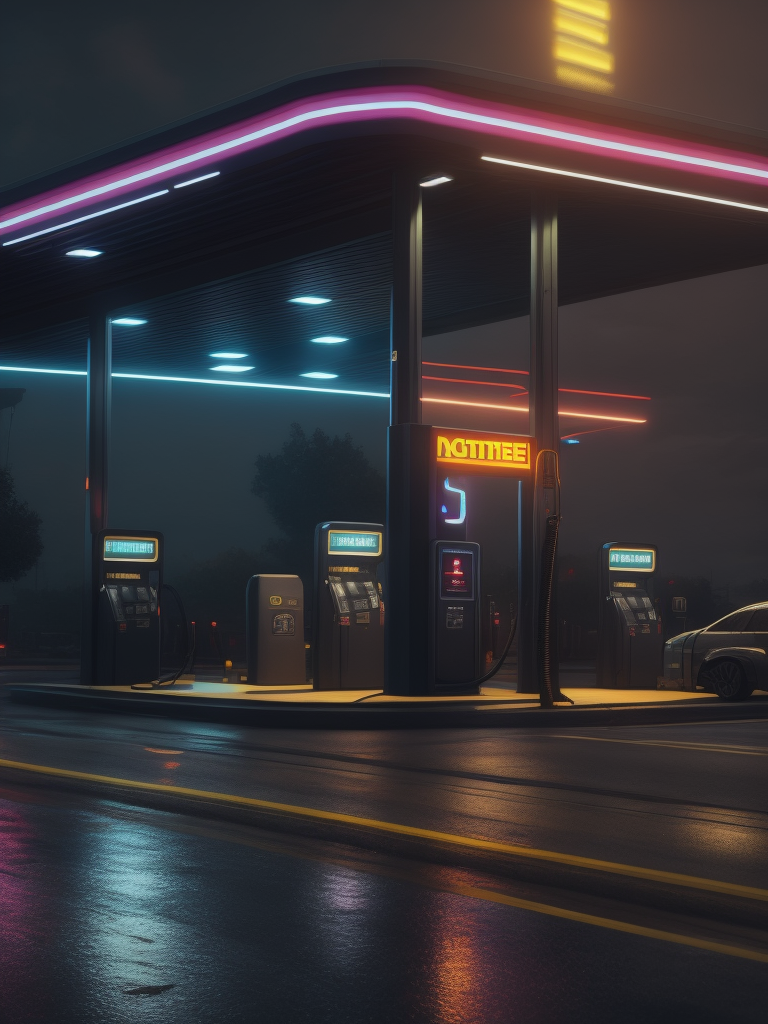 Landscape of a nocturne cyberpunk gas station with neon light, digital art, workstation, incredible high details