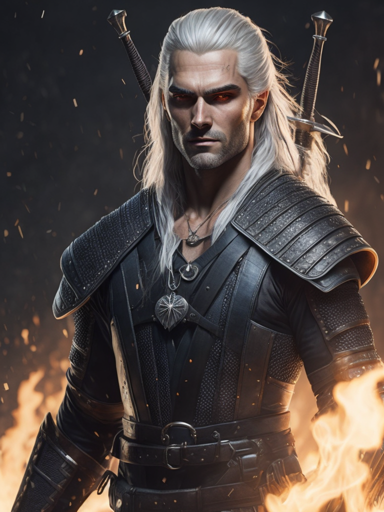 Геральт из Ривии (ведьмак), на фоне Аретузы в огне, серебряный меч в руках, меч в крови, на заднем плане летают вороны, белые волосы у ведьмака, максимальная детализация.