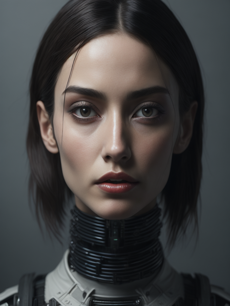 Portrait of a robot girl, enormous lips, transparent neck, porcelain face and head, robotic parts, cyberpunk, cable electric wires, hyperrealistic, fantasy, octane render, intricate, concept art, professional studio lighting