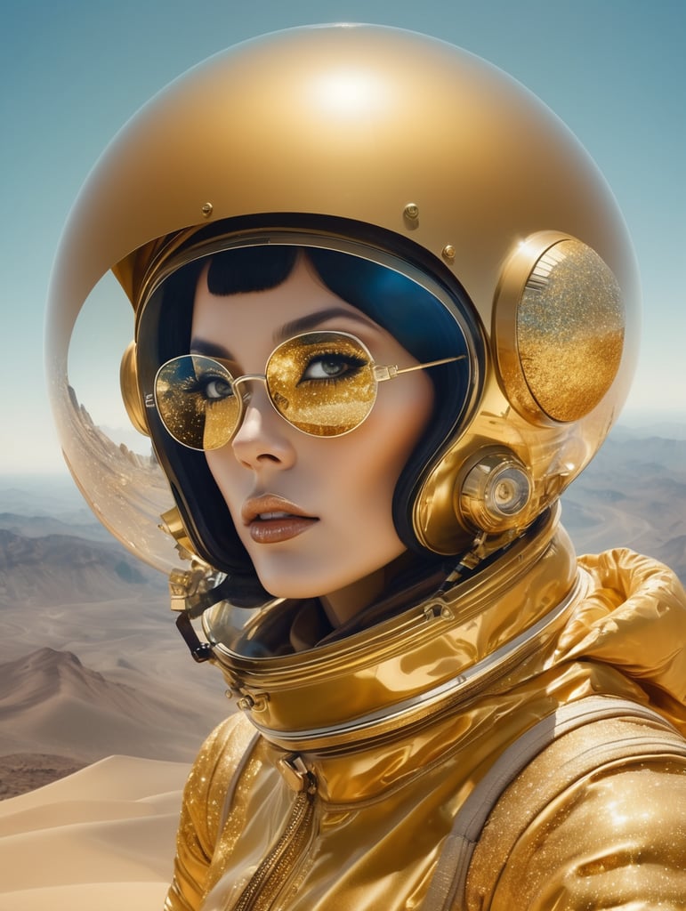 Photography on Santorin planet, 60'S gorgeous astronaut woman in an glitter transparent gold astronaut spacesuit wearing a large transparent plexiglass helmet glasses, 80 degree view, art by Sergio Lopez , Natalie Shau, james jean and salvador dali