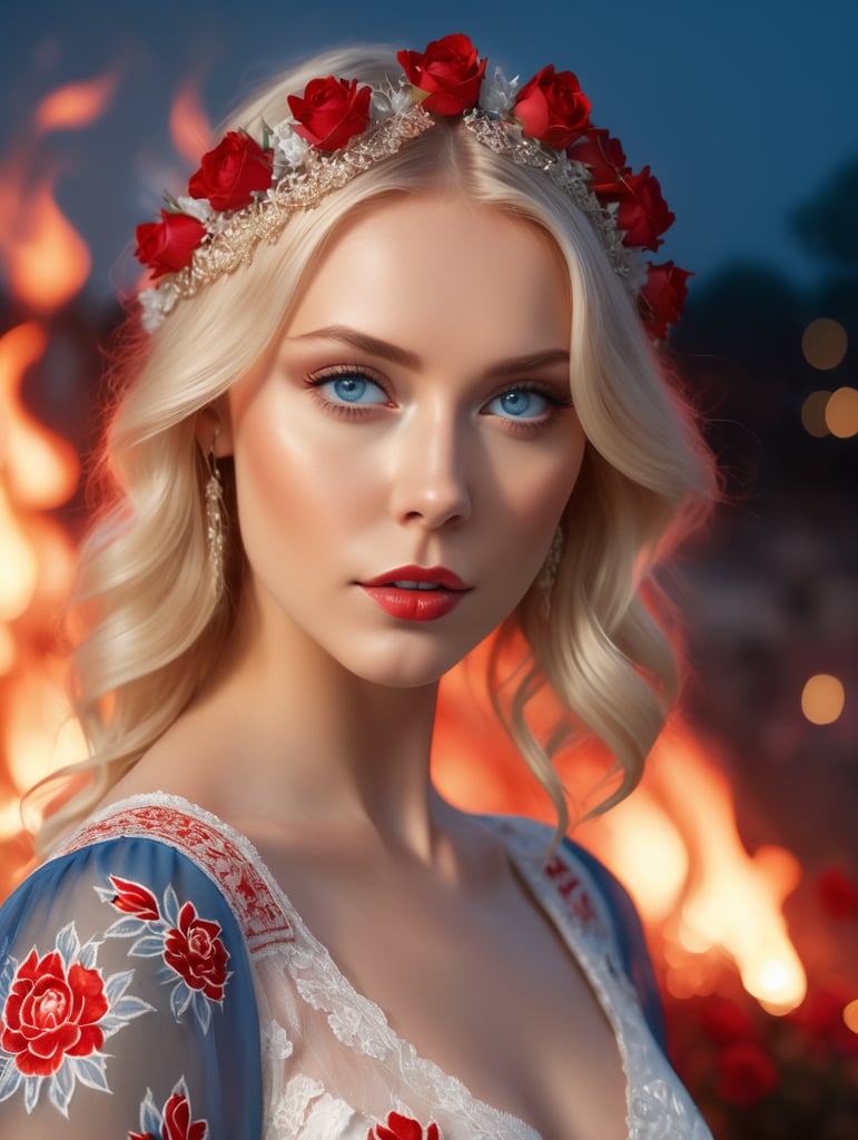 Portrait of a blonde with gray-blue eyes standing at night against a background of fire in a white transparent dress with red and white patterns of Balkan folklore and roses on her head in her hair, cinematic, photorealistic