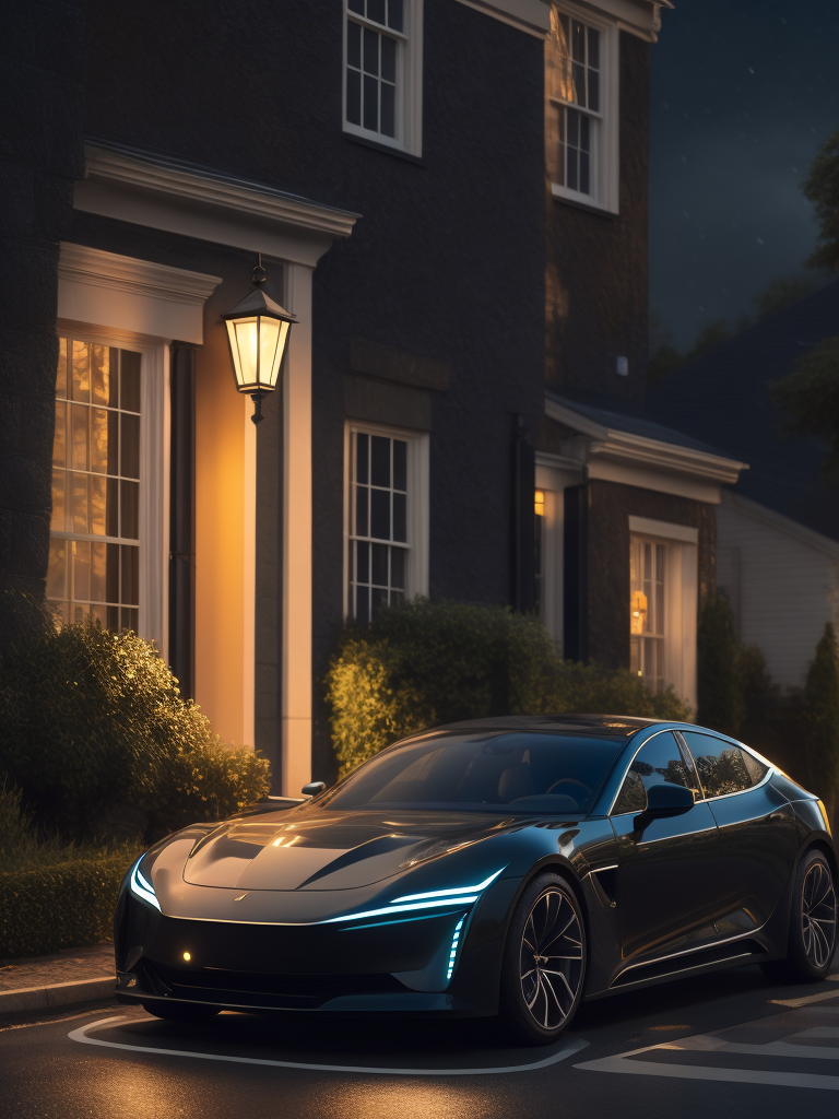 electric vehicle charging at night at house, dramatic lighting