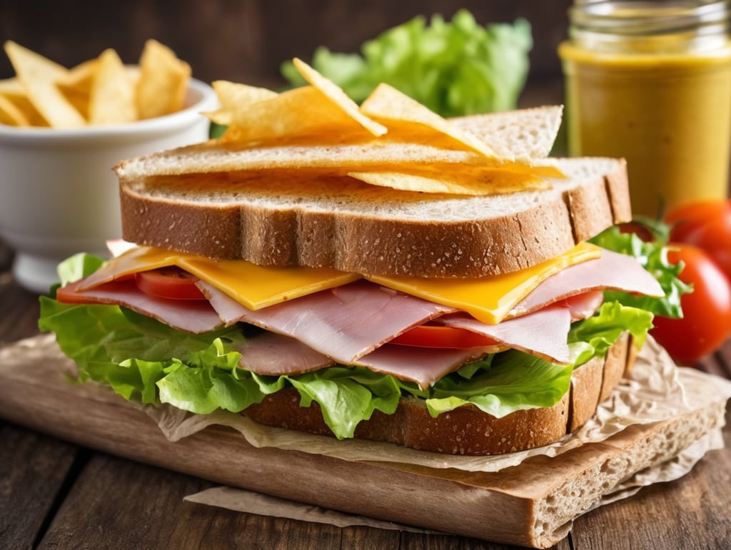 A sandwich with ham, cheese, lettuce, tomato, and mustard on whole wheat bread with chips and a pickle