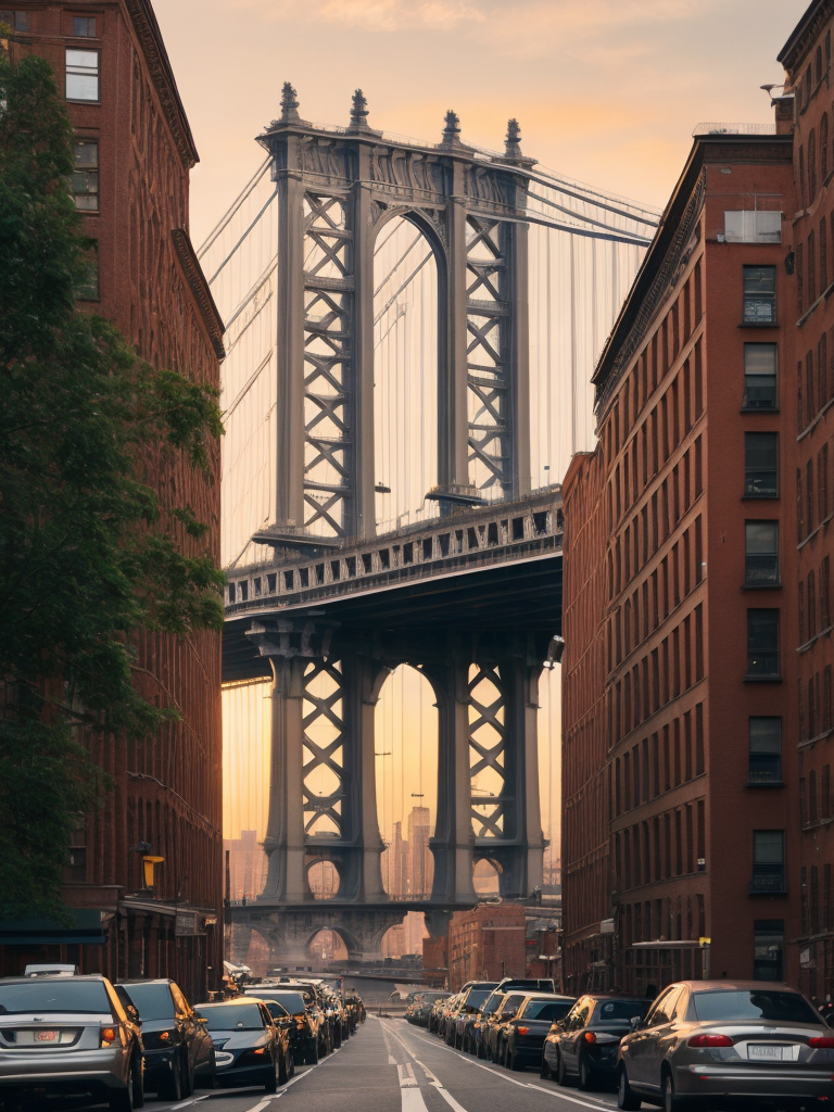 Manhattan bridge view from dumbo, Sunset, High detail, High contrast, Deep rich colors