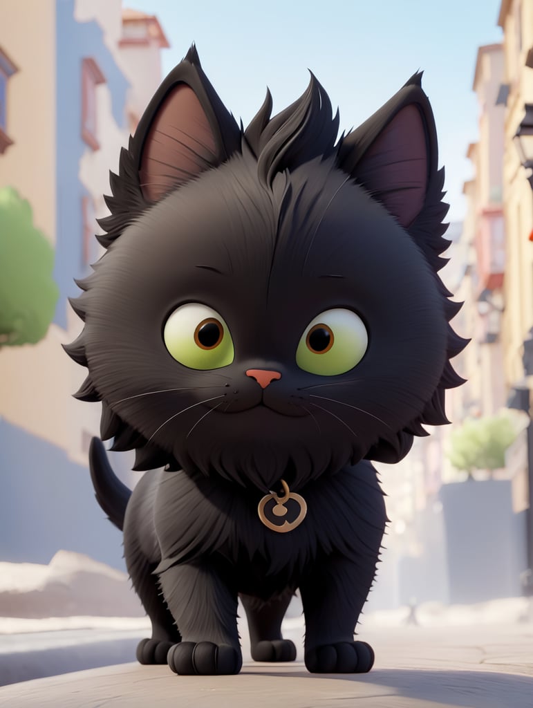 petit chat noir ébouriffé rock badass punk se promenant dans la ville rendu 3d style pixar