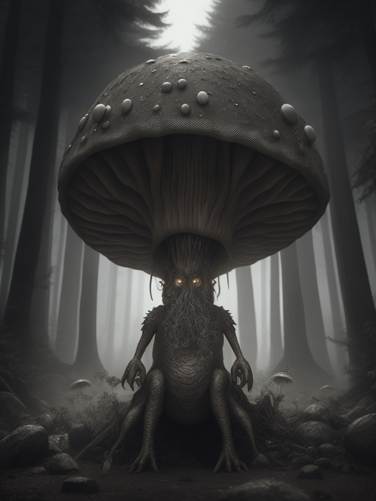 mushroom monster, black and white illustration