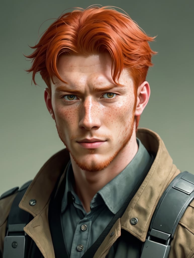 90s anime, anime, anime game developer, anime artist, Red head, freckled, man, portrait