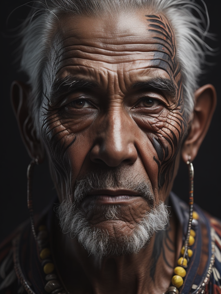 Portrait of a tribal elder with a face tattoo, photography, beautiful, black background, colorful, realistic, masterpieces, top quality, best quality, official art, beautiful and aesthetic