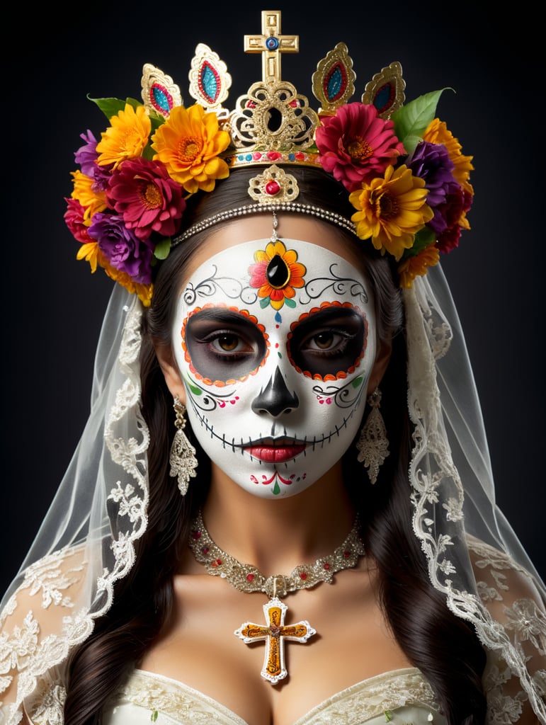 Isolated logo cutout of a dia de los muertos, Mexican girl portrait wearing veil over her head with a crown of flowers praying with a crucifix wrap in her hand carnival mask of the day of the dead