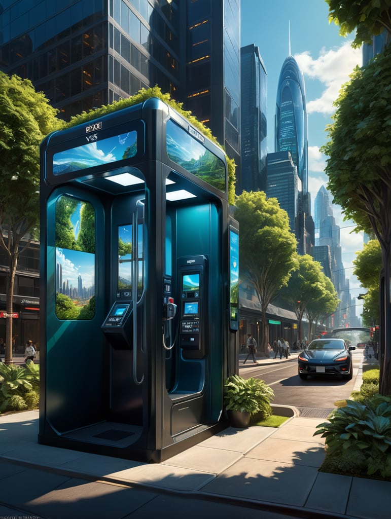 A sleek, state-of-the-art telephone booth with cutting-edge technology and solar power integration, presented through a professional digital illustration style. In the spirit of concept artist Syd Mead, this image showcases a futuristic, cityscape backdrop. The booth exudes minimalism and sophistication with its clean lines and advanced touchscreens. The color palette is a mix of cool, futuristic blues and vibrant, eco-friendly greens. Facial expressions are determined and focused, bathed in the glow of a digitally enhanced atmosphere, demonstrating the embodiment of professionalism in modern technology. --v 5 --stylize 1000