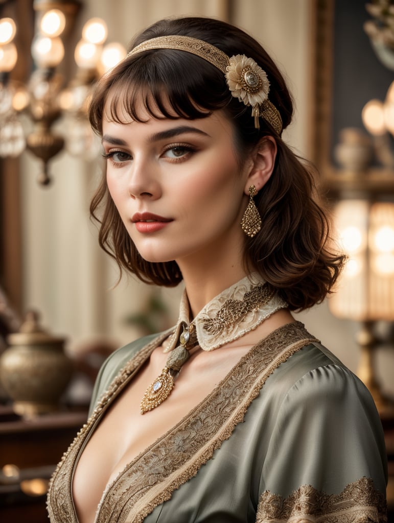 the model is dressed in vintage clothing and accessories, with a backdrop that evokes a bygone era, fashion shoot, style of vogue