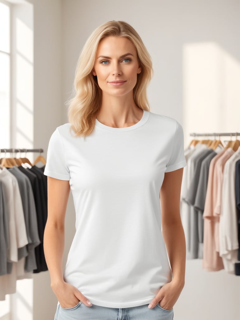 Woman wearing T-Shirt in Clothing Store Mockup