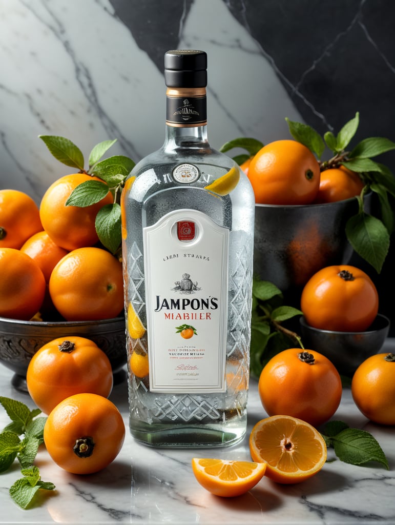 professional photo of a gin bottle on a white marble table surrounded by lemons, persimmons and mint, natural light