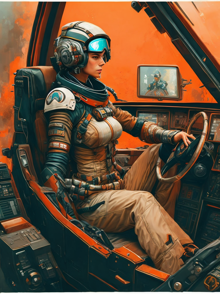 Cyborg pilot russian women, interior cockpit, hyperdetailed, by john blanche