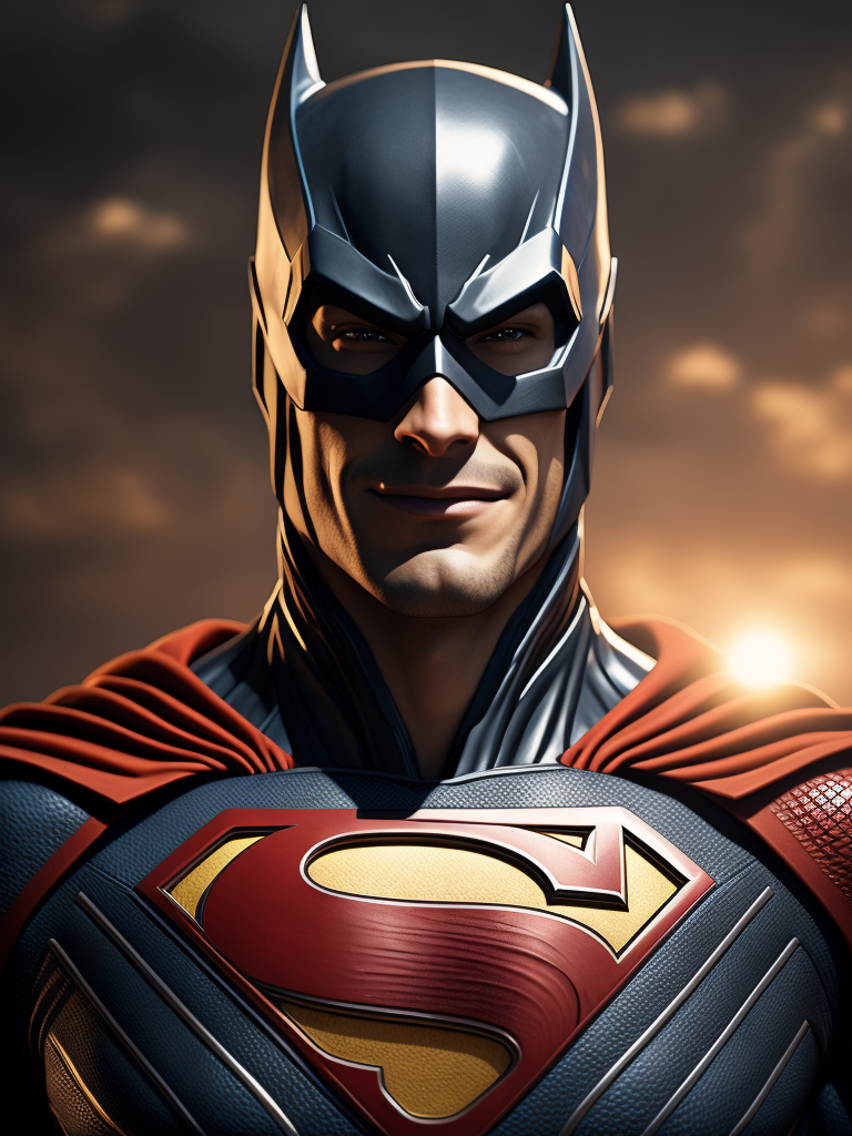 Superman dress like batman, smiling, joke