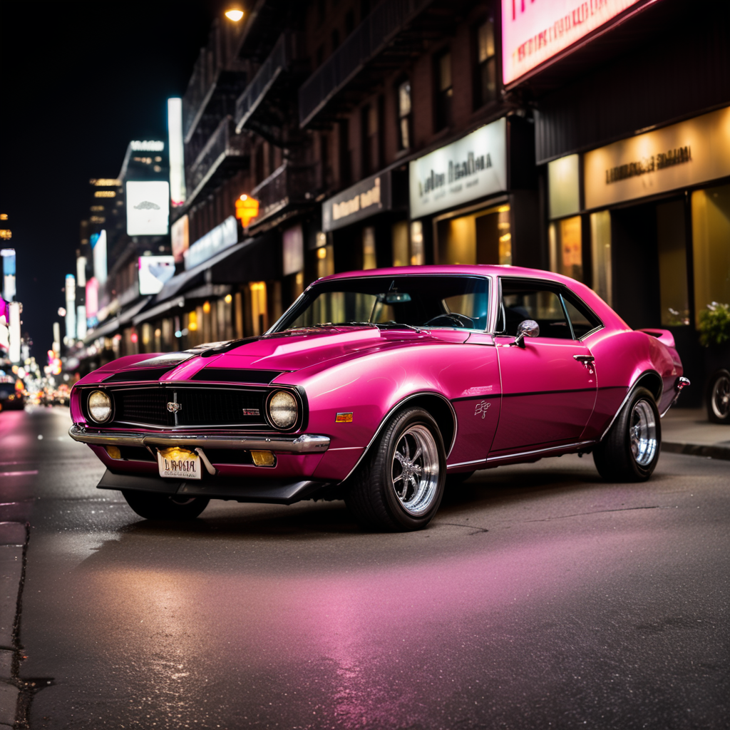 The offspring of a pink 1968 Camaro that's been crossed with a fuzzy kitten and it's driving the streets of New York City at night.