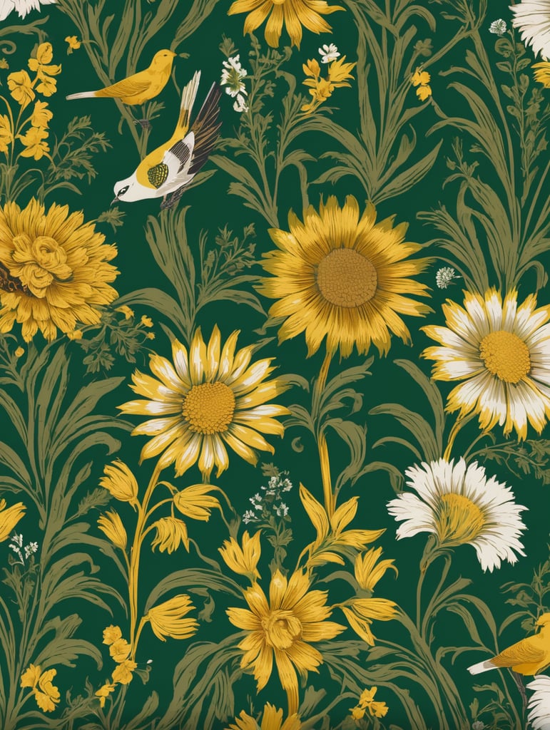 Fabric design for a bedspread with elements of wheat, flowers and birds in yellow, white, green colors