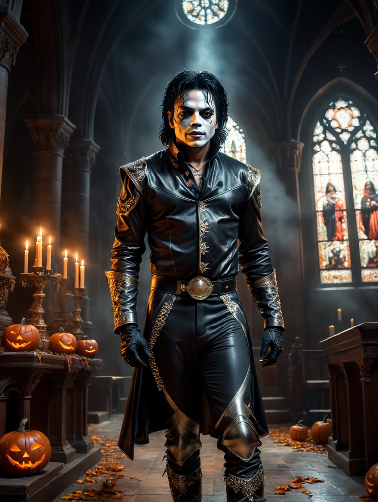 Genereer een verbluffend realistische afbeelding waarop Michael Jackson is verkleed in een angstaanjagend Halloween-kostuum en een meesterlijk optreden geeft in een mysterieuze, donkere kerk. Zorg ervoor dat de atmosfeer van de kerk angstaanjagend en spookachtig is, met onheilspellende verlichting, schaduwen en decoraties die de Halloween-sfeer versterken. De afbeelding moet van zodanig hoge kwaliteit zijn dat het moeilijk is om te geloven dat het niet echt is