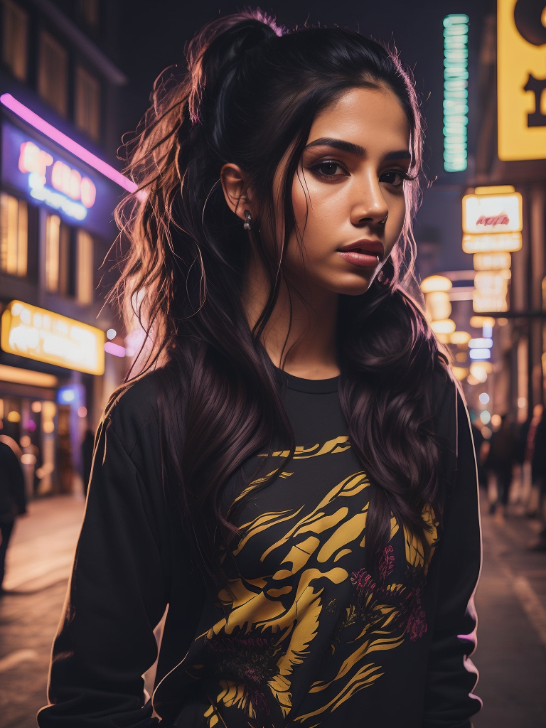 Poster style illustration of a Latina brunette teenage girl in defiant pose with urban art in the background, Mexico City. Street art style, poster, Banksy style. neon colors, rim light
