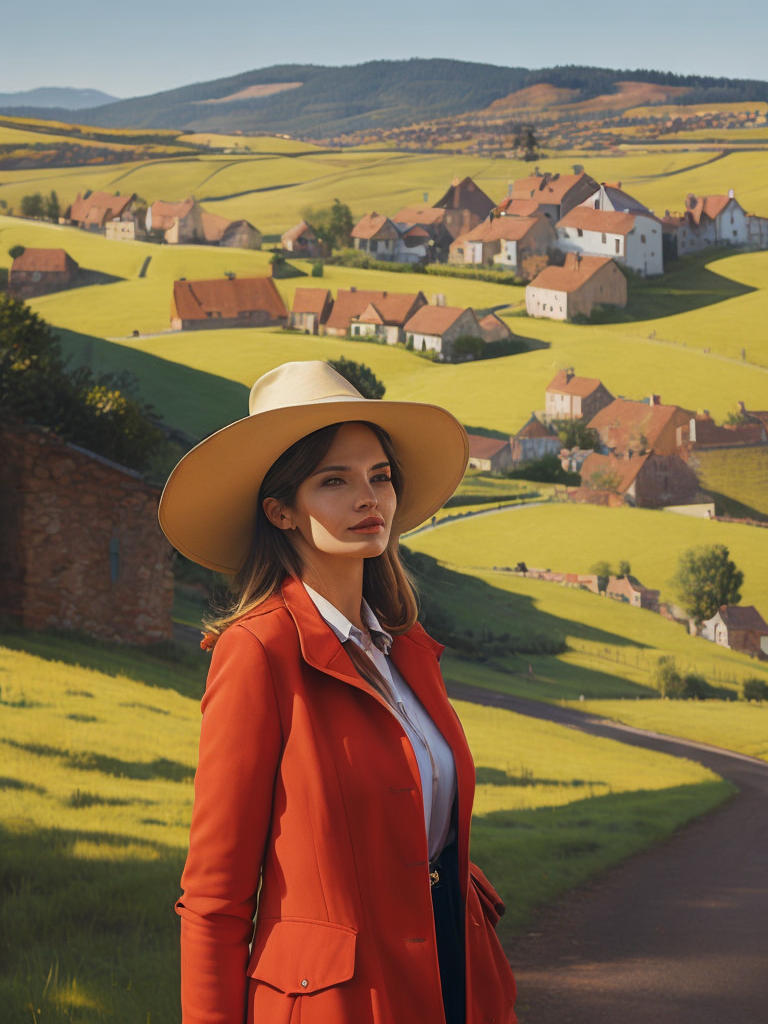 Portrait of a woman dressed in a red jacket and a beige hat, against the backdrop of the village, Sunny day, contrasting light, Painting, Landscape, style of Paul Corfield