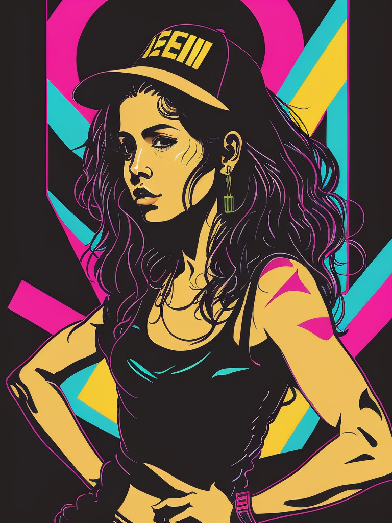 Poster style illustration of a Latina brunette teenage girl in defiant pose with urban art in the background, Mexico City. Street art style, poster, Banksy style. neon colors, rim light