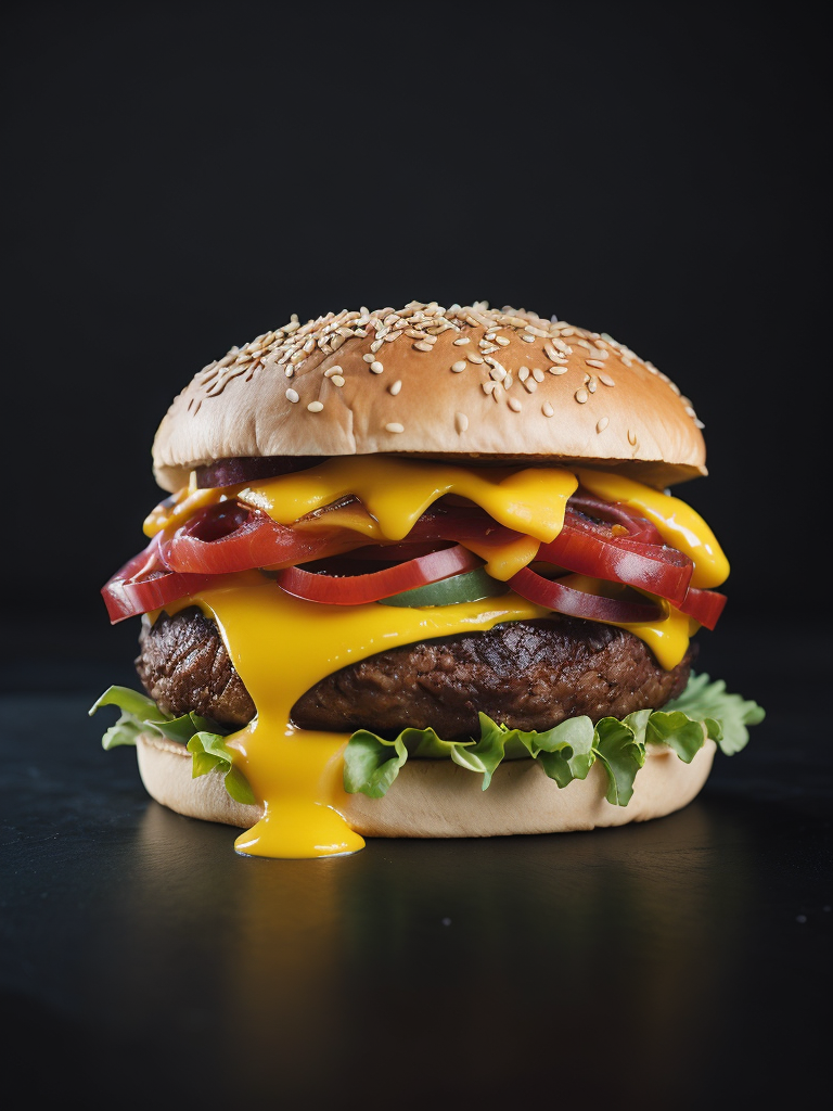 appetizing burger with leaking cheese on black background