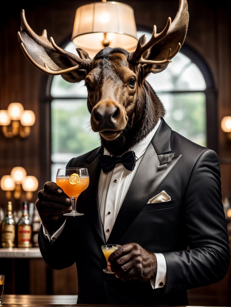 Image of a moose wearing a vintage tuxedo holding a cocktail drink in one hand. The image must be detailed ultra super 4K details