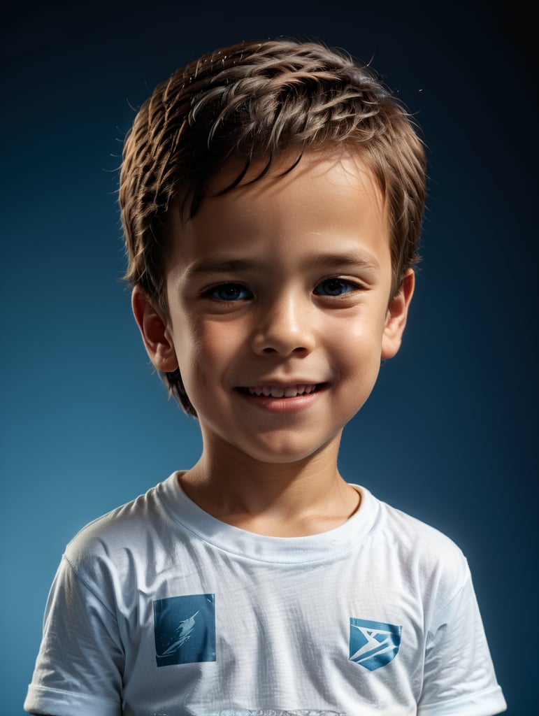 a Little boy wearing white t-shirts, standing in front of blue background, blank shirt no print, 9 years old smiling, photo for apparel mock-up