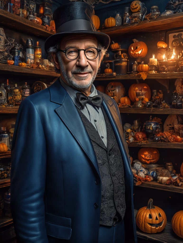 Steven Spielberg in Halloween costume, retro style, 60s, Vivid saturated colors, Contrast color, Blue and black colors