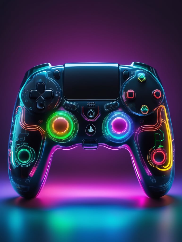 Design a futuristic, neon-colored gaming controller in the style of a playstation controller, glowing neon, semitransparent, deep vibrant colors, high details