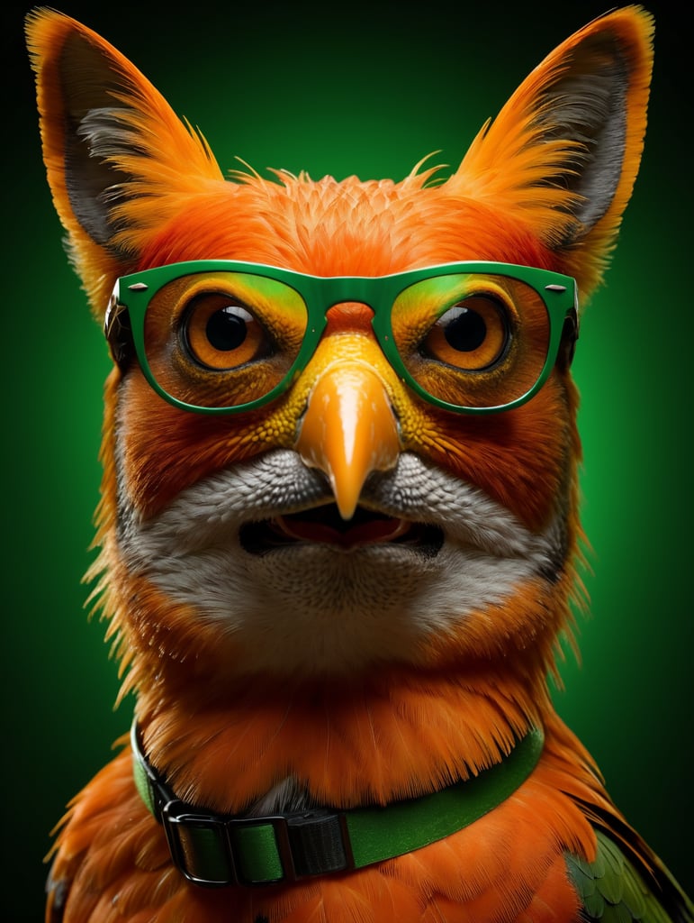 portrait of a orange bird, wearing green sunglasses, green background, bright colors