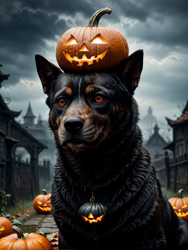 a black dog with Halloween pumpkin head, photorealistic illustration, scary, dark