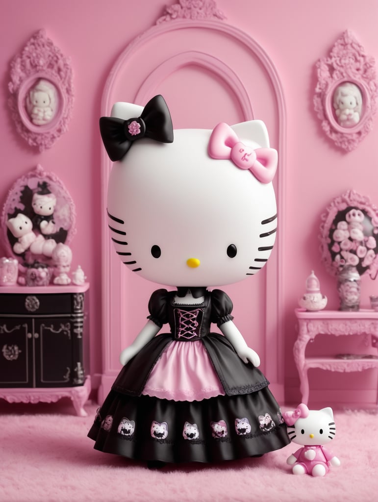 hello kitty as a Goth in the pink room