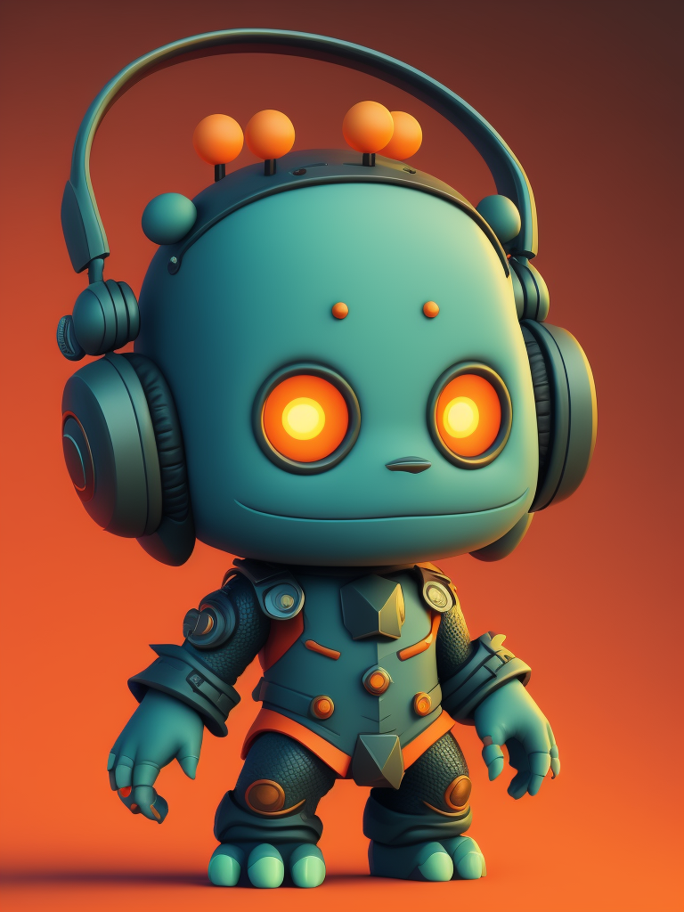 game character monster, a cute monster character with headphone, orange color, funko pop, vibrant gradient background,