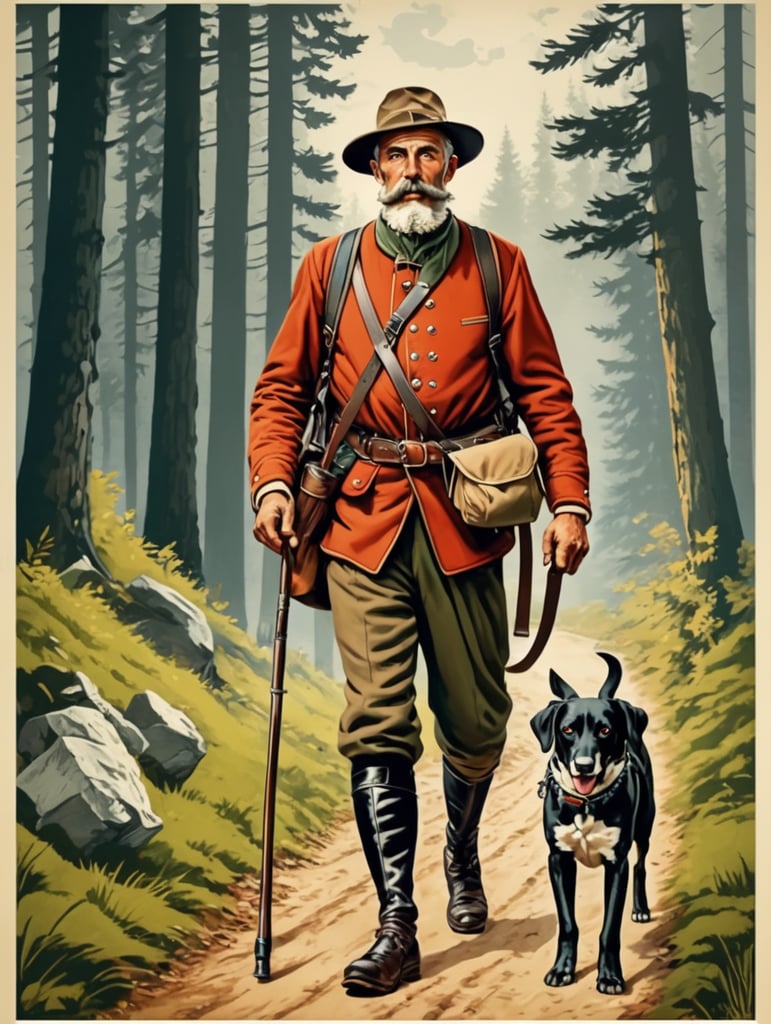 Retro poster an old Austrian hunter with a hunting dog walks along a forest path, dressed in traditional Austrian clothes, carrying a backpack with things, caught game in his belt