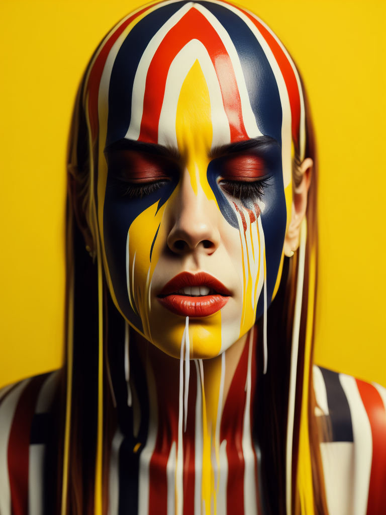 Portrait of a girl with a painted face and paint flowing from her face, closed eyes, yellow background