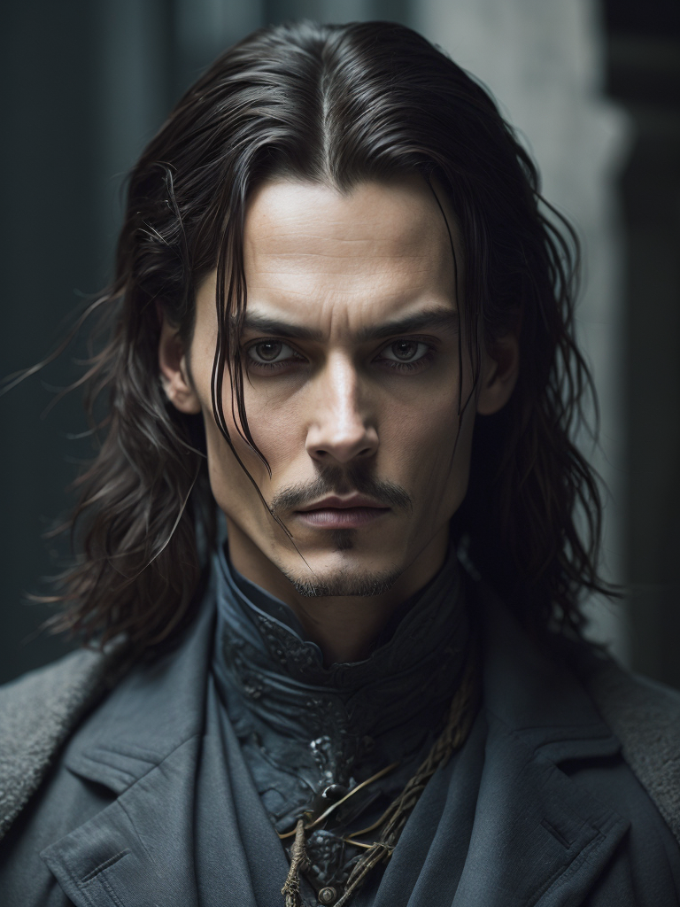 Portrait of Johnny Depp as Count Dracula, majestic look, long hair, mantle, against the backdrop of a medieval castle, detailed background, contrasting light, detailed face, muted tones