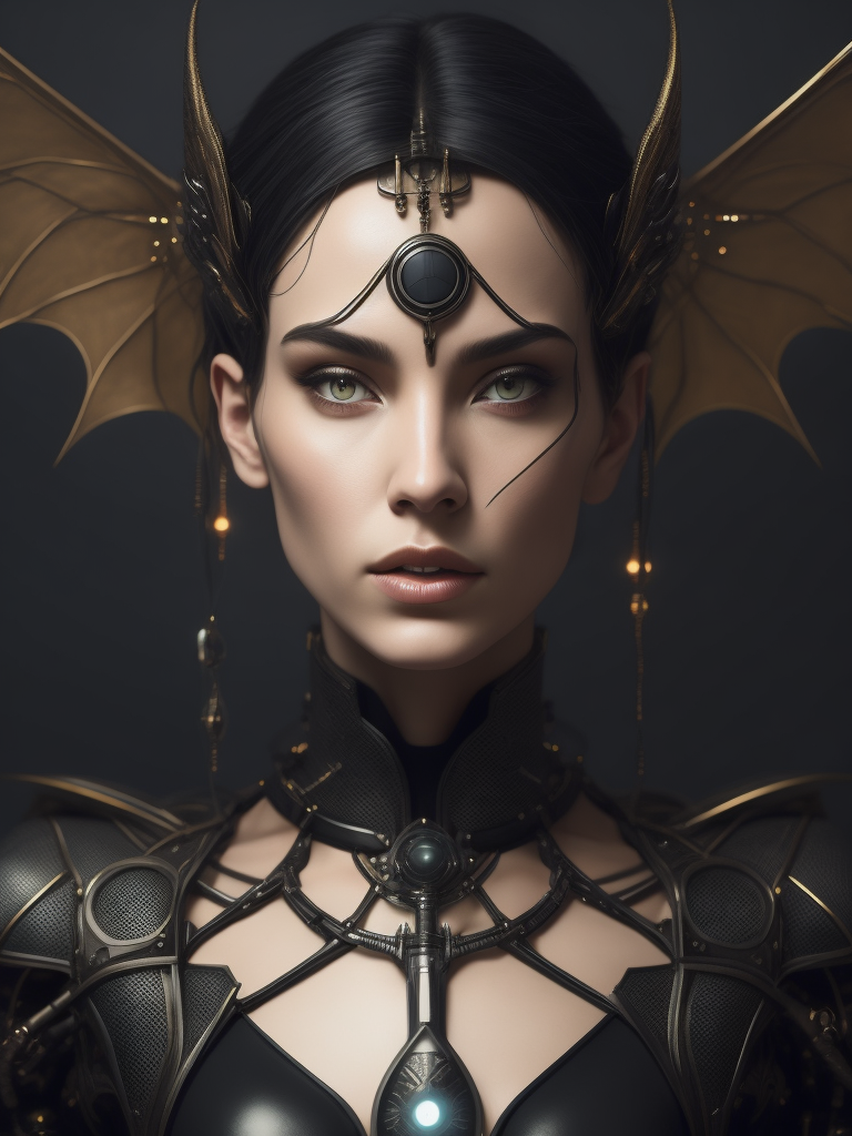 futuristic world, transparent electric robot girl with visible wires and electronics on her head, fine facial features model in georgian round black dress by roberto ferri, by jeremy lipking, realism, insect eyes, bat wings on the nape, black gothic clothing, black abstract geometric ornaments, gothic palette, 8k, medium shot, cinematic photography, abundant detail, muted tones, regency-era, empire silhouette, intersection of technology and art