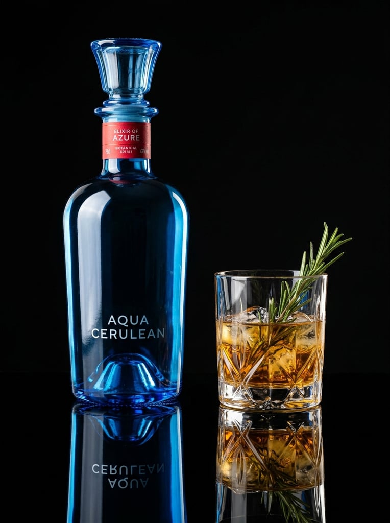 A vibrant blue glass bottle and a short glass of amber liquid rest on a highly reflective black surface against a pitch-black background. The tall bottle features a flared stopper, a red paper neckband, and a sculpted base. The rocks glass contains ice and a green rosemary sprig. High-contrast studio product lighting creates a bright vertical highlight along the bottle's smooth curve and casts crisp mirror reflections of both illuminated objects below.