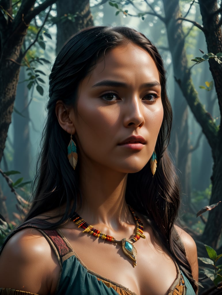 Pocahontas, 0Il lustration, Painting, Oil, Watercolor, Portrait, USA, style of Will Barnet