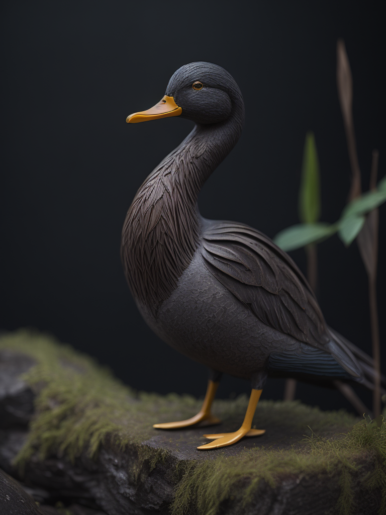 a duck carved from the dark reed wood, detailed, deep carving, handcrafted