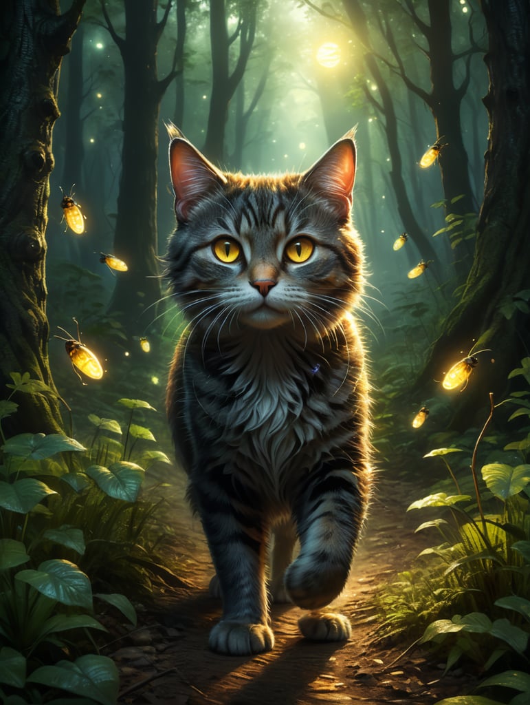 Cute cat walking in the mysterious woods. Mysterious light. Fantasy mysterious background. Fireflies. Cartoon style