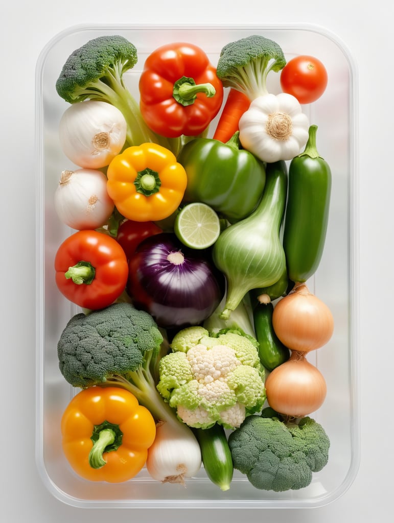 vegetables in a transparent plastic tray, top view, isolated, mockup