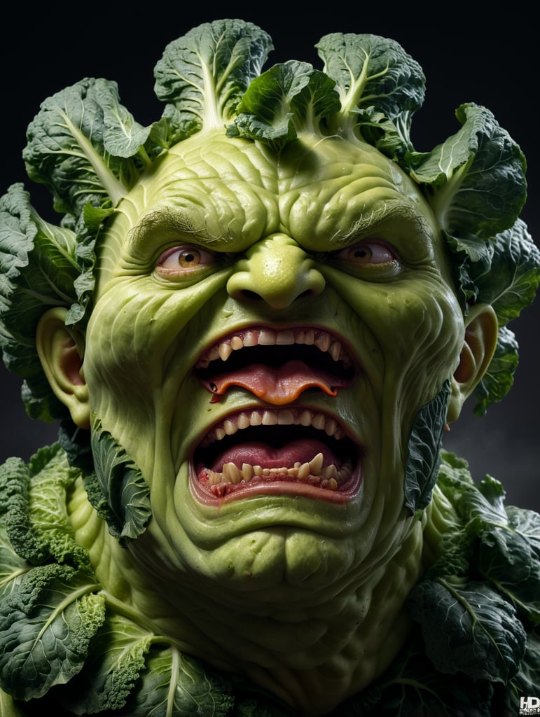 anthropomorphic evil cabbage with a huge head screams loudly, comic style, high resolution, hyperdetalization, photorealistic, high resolution