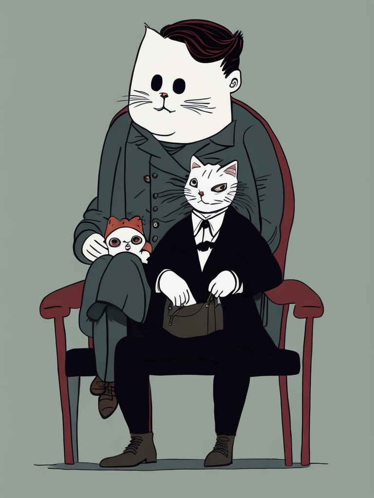 a vampire russian kgb man, successfully pretending to be an ordinary human citizen, sits in a chair and stroking his beloved cat, By Gemma Correll