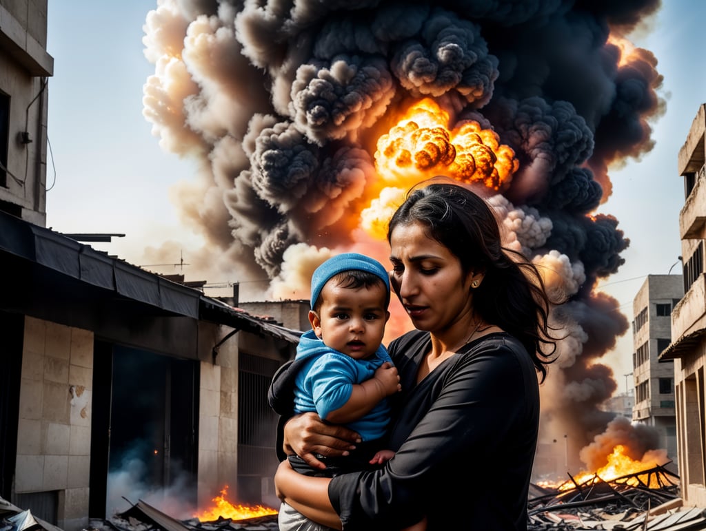 muslim mother holding her child who was hit by a bomb blast. black smoke and fire surrounded them. cities burning. building destroy. explosion around. dark sky. palestinian people runninng escape.